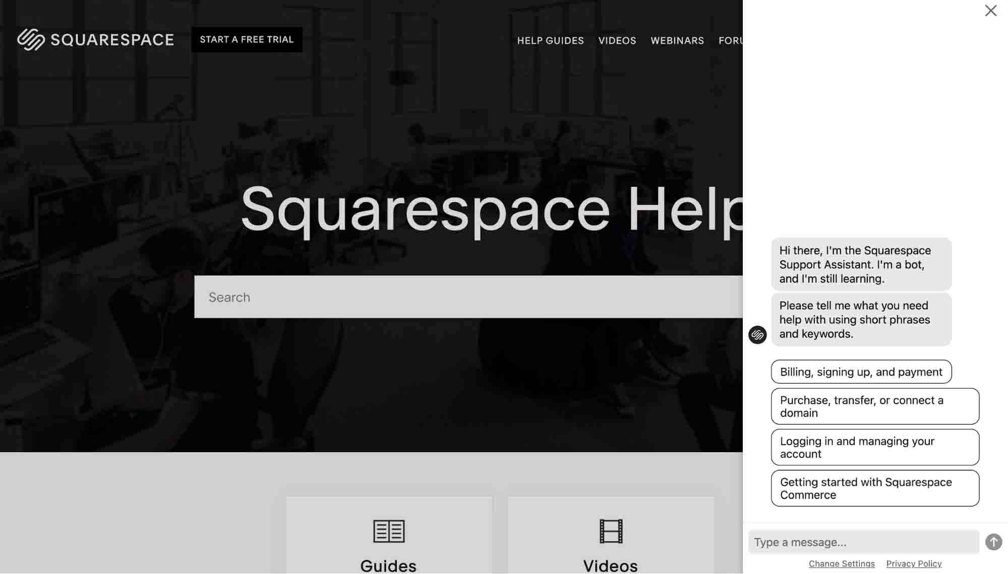 Best e-commerce platform — Squarespace support bot