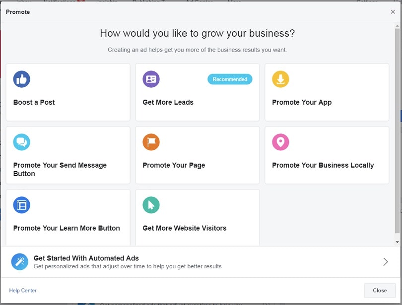 How to create a Facebook Business Page — ad objectives