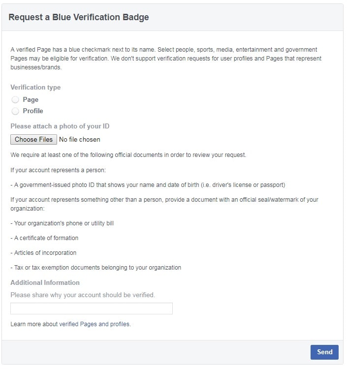 How to create a Facebook Business Page — Verification badge form