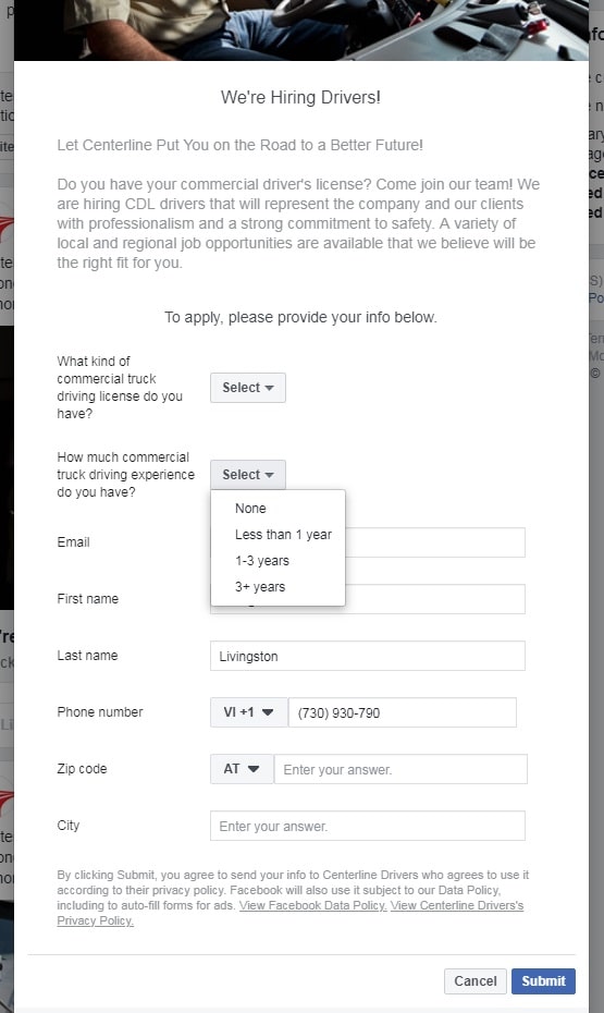 How to create Facebook lead generation ads — Centerline Drivers form