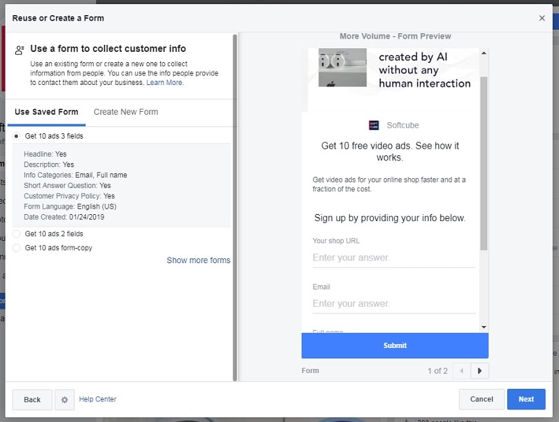 How to create Facebook lead generation ads — create a form