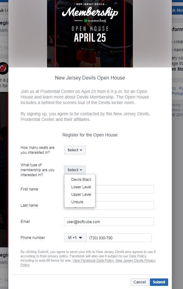 How to create Facebook lead generation ads — New Jersey Devils form