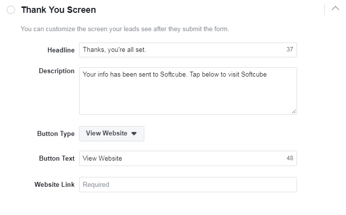 How to create Facebook lead generation ads — thank you screen