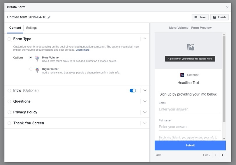 How to create Facebook lead generation ads — untitled form