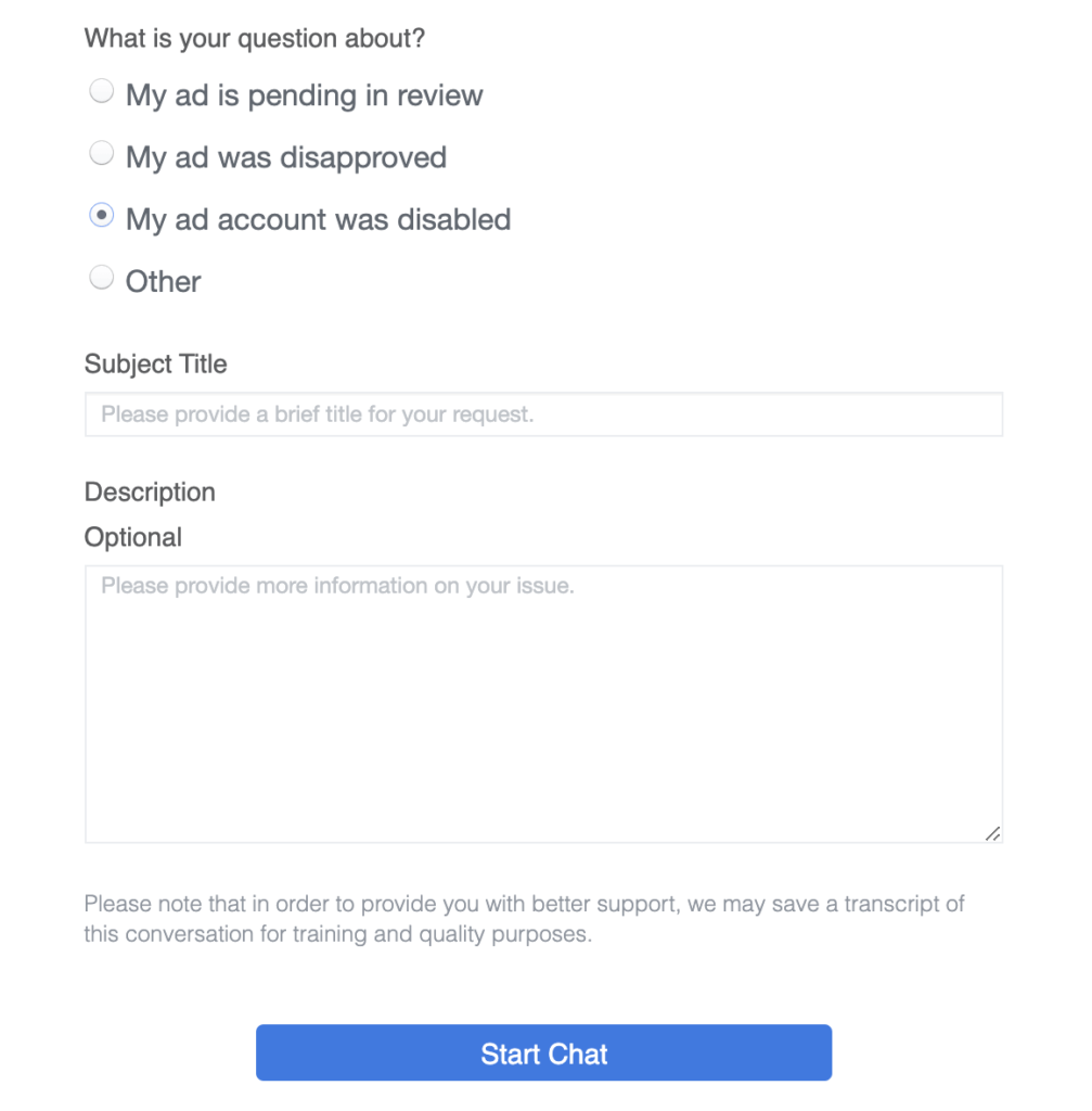 Facebook ad account disabled — chat form