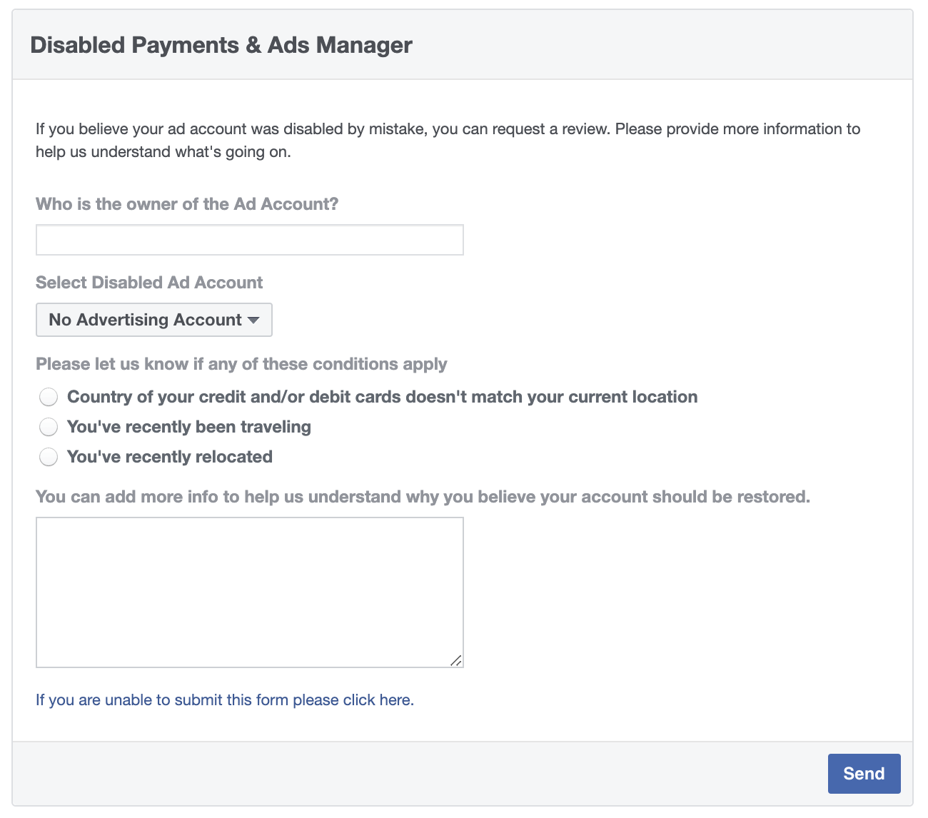 Facebook ad account disabled — payments form