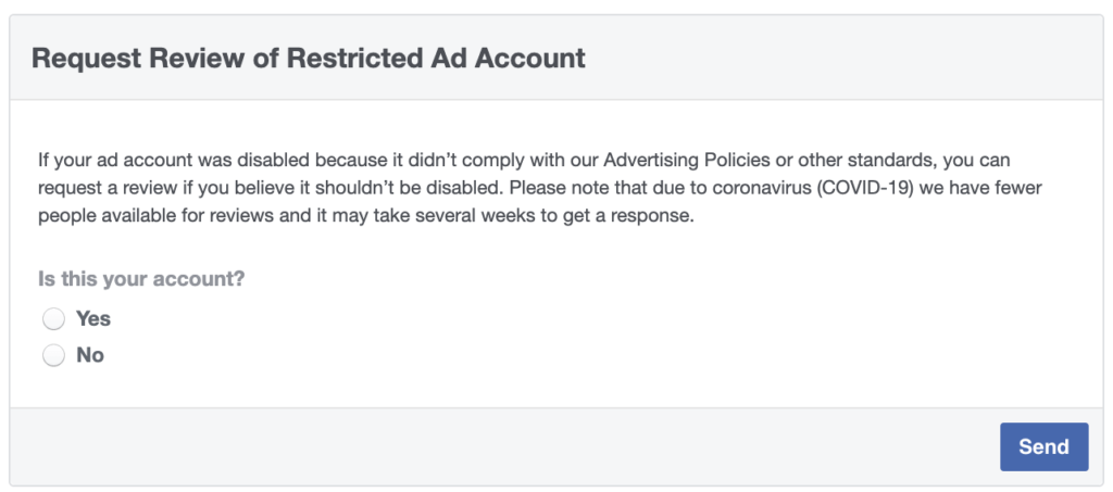 Facebook ad account disabled — request review form