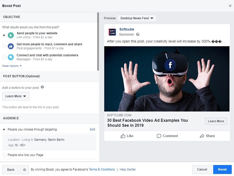 Facebook ad formats — Post Engagement ad