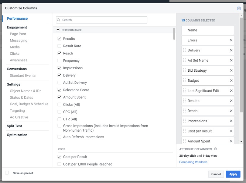 Facebook ad metrics — adding 