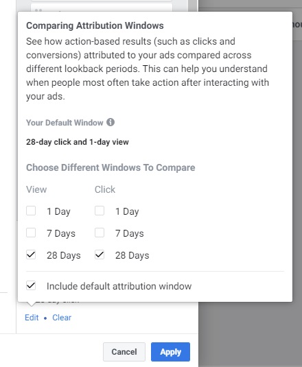 Facebook ad metrics — attribution window set up