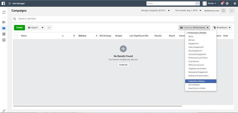 Facebook ad metrics — column customization