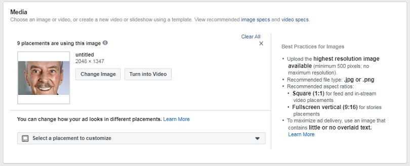 Facebook ad placements — asset customization