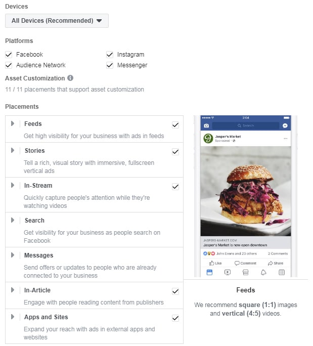 Facebook ad placements — menu in Ads Manager