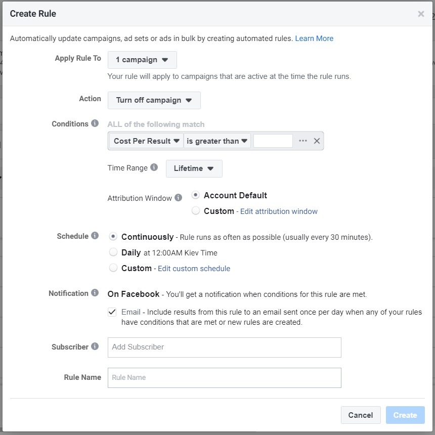 Facebook ad scheduling — automated rules window