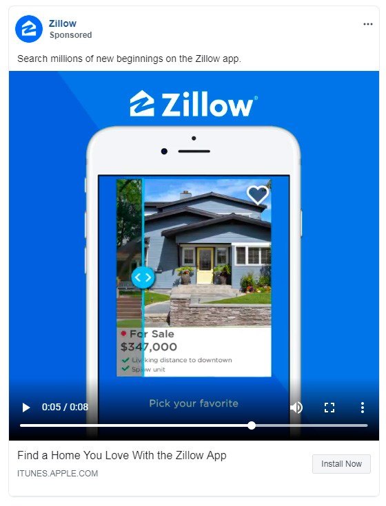 Facebook ads for real estate — Zillow ad