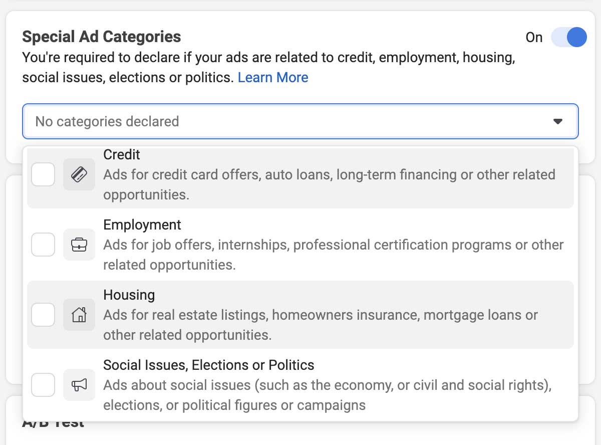 Facebook ads for Realtors — Special Ad Categories