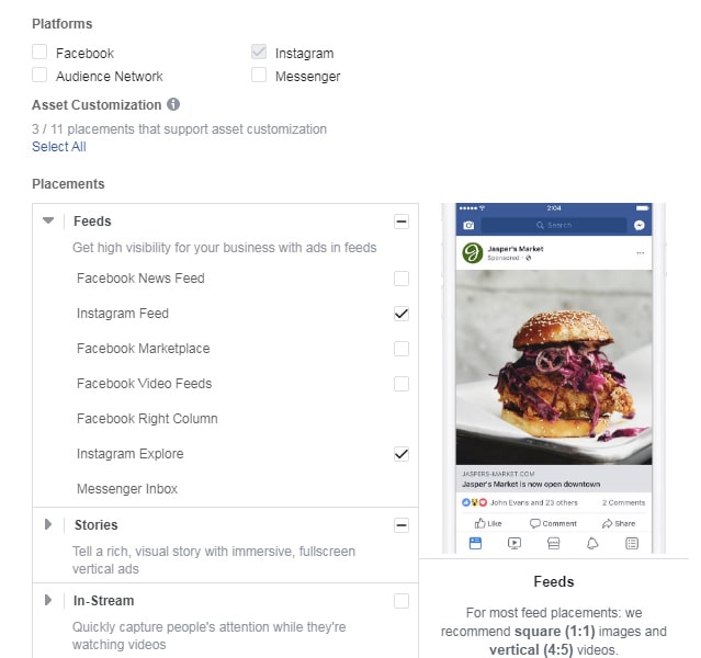 Facebook ads manager — Instagram placements 