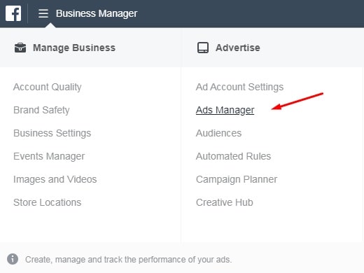 Facebook ads manager — panel