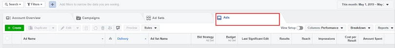 Facebook ads relevance score — Ads tab