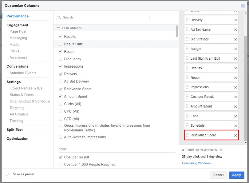 Facebook ads relevance score — Relevance Score column