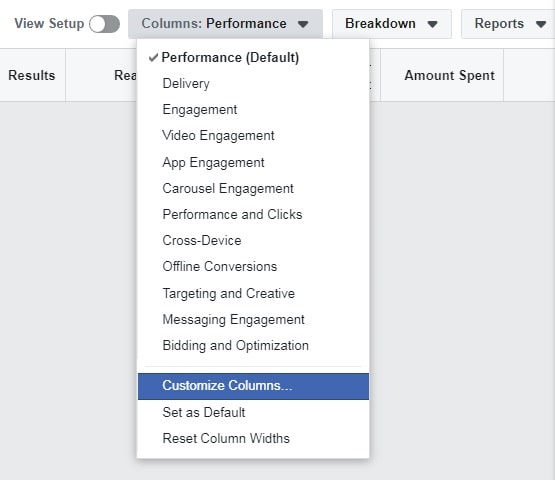 Facebook ads relevance score — Columns