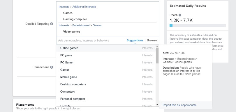 Facebook ads relevance score — detailed targeting