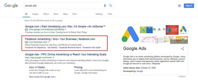 Facebook Ads vs. Google Ads — Google SERP