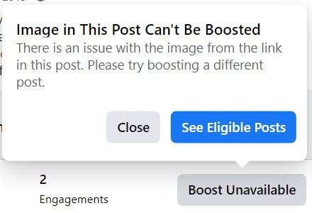 Facebook boost post — boost unavailable