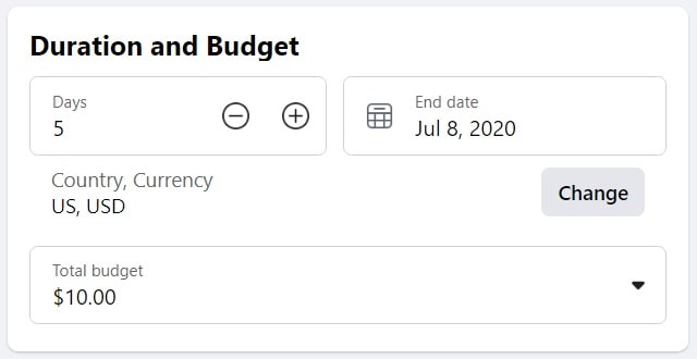 Facebook boost post — duration and budget