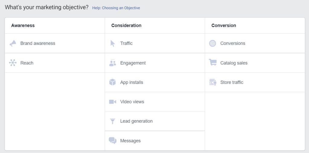 Facebook boost post — objectives in Ads Manager