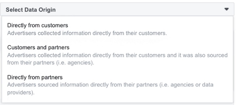 Facebook Custom Audiences — select data origin