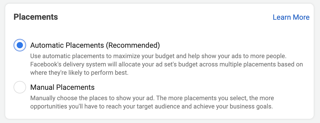 Facebook learning phase — placements