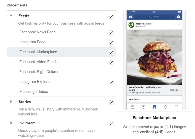 Facebook Marketplace ads — list of placements