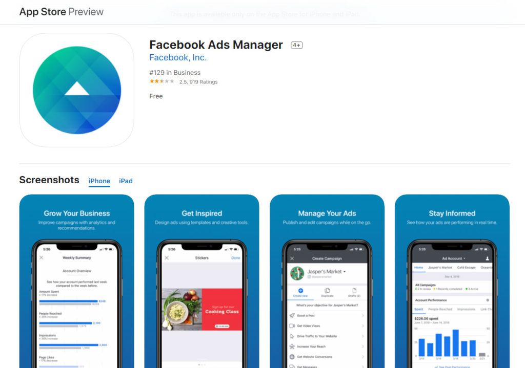 Facebook mobile ads — Ads Manager app