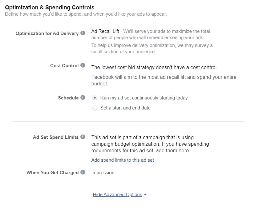 Facebook mobile ads — budget and schedule