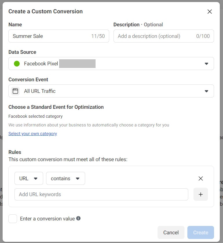 Facebook pixel events — custom conversions