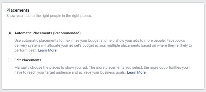 Facebook retargeting ads — placements