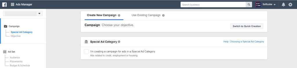 Facebook special ad category in Ads Manager