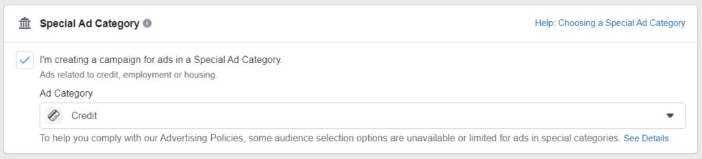 Facebook special ad category — credit