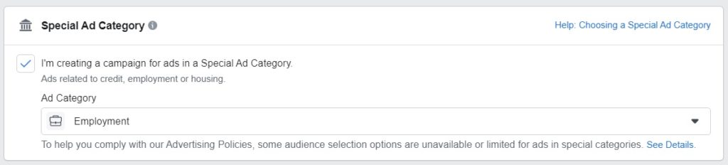Facebook special ad category — employment