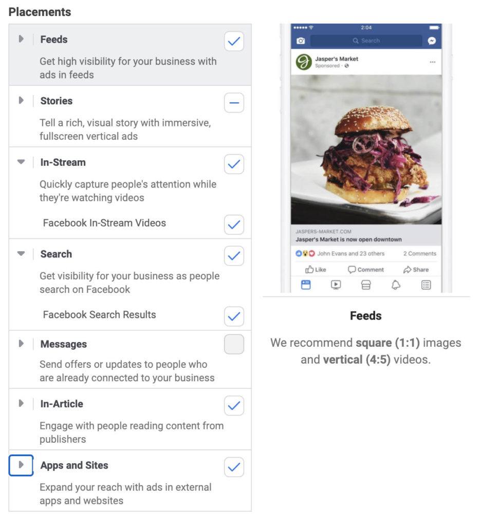 Facebook target audience — list of placements