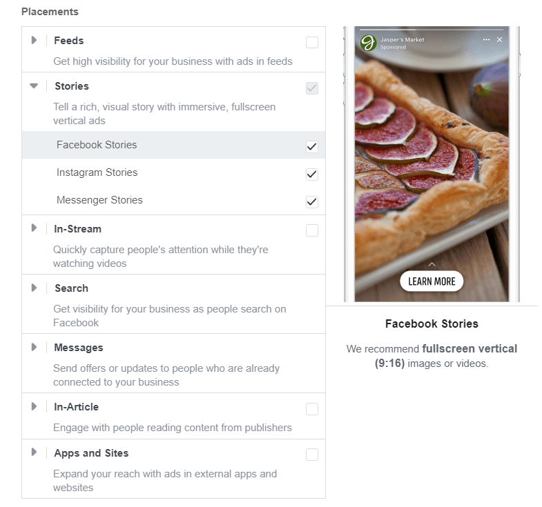 Facebook Story ads — the list of placements