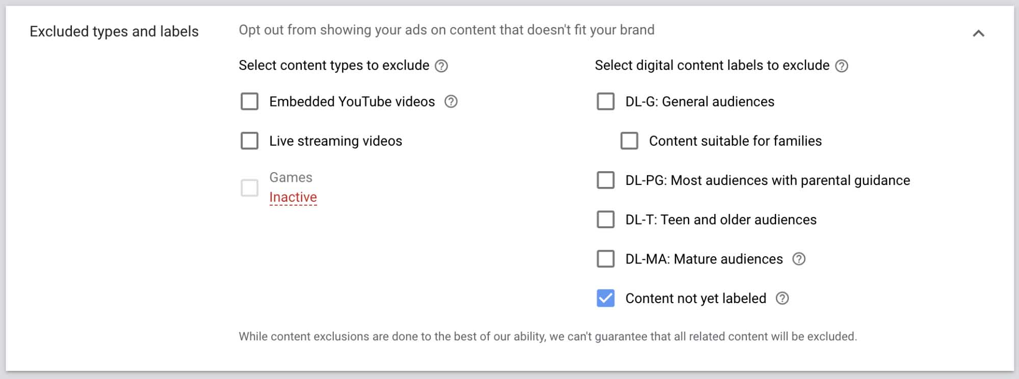 YouTube video — excluded types and labels