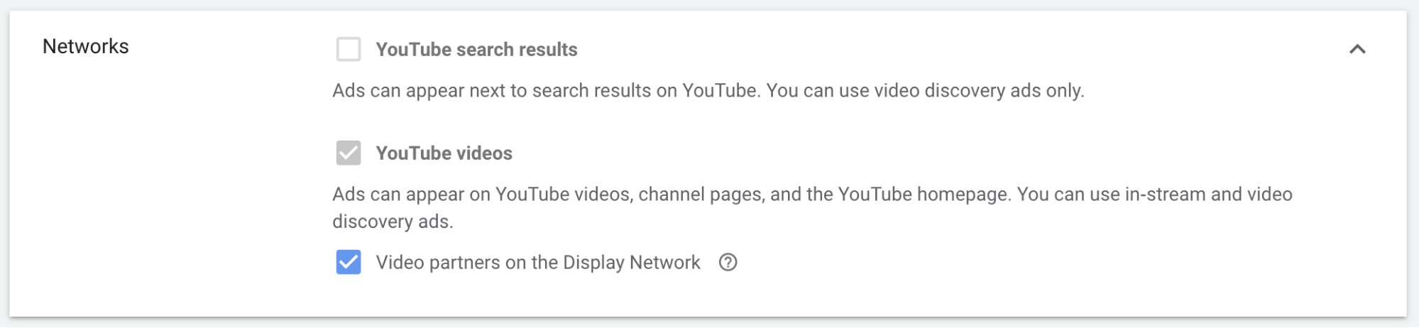 YouTube video ads — Networks checkbox for non-skippable ads