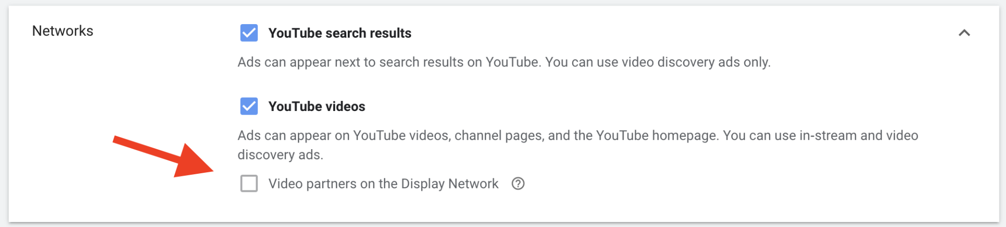 YouTube video ads — Networks checkbox